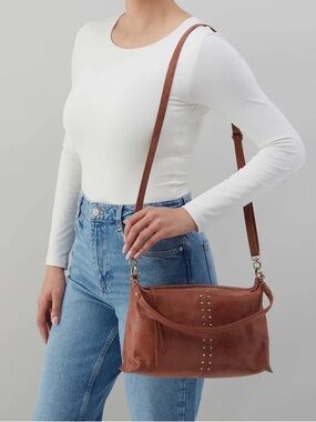HOBO Tan Leather Studded Hobo Shoulder Bag